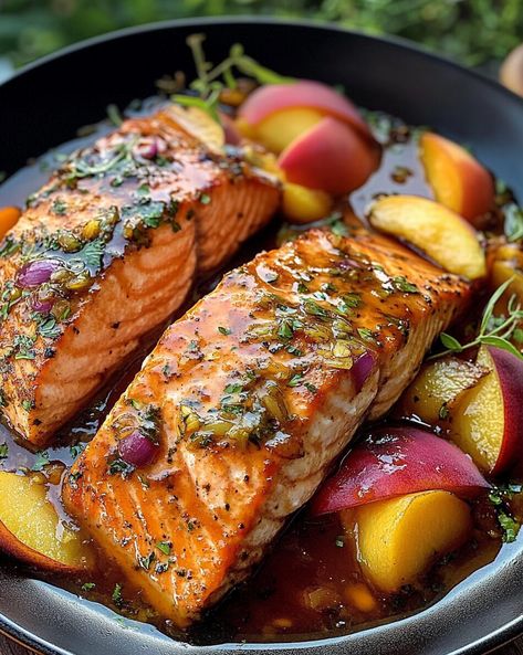 Bourbon Peach Roasted Salmon - Recipessin Bourbon Peach Salmon, Bourbon Bacon Pecan Salmon, Bourbon Salmon, Scottish Salmon, Bourbon Sauce, Bourbon Glaze, Baked Pears, Roasted Salmon, Food Board