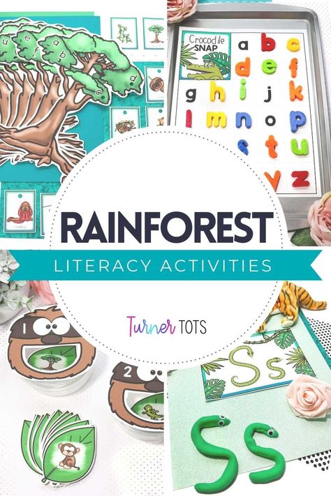 Adventure through the vines and trees, spot exotic animals, and practice literacy skills along the way! Use rainforest theme activities to practice various skills and captivate your learners’ attention. Turner Tots’ rainforest literacy activities cover foundational literacy skills - beginning sounds, an alphabet activity, syllable counting, and letter formation. Don’t miss out on all of the fun! Include these activities in your rainforest ELA unit for preschool this year! Jungle Preschool Activities, Jungle Preschool, Jungle Theme Activities, Rainforest Preschool, Initial Sound Activities, Preschool Jungle, Rainforest Activities, Literacy Activities Preschool, Rainforest Theme