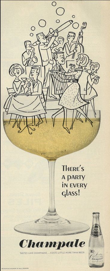 1964 Illustrated Liquor Ad, Champale, "There's a Party in Every Glass" Cocktail Vintage Illustration, Cocktail Decor, Cocktail Illustration, Mid Century Illustration, Cartoon People, Wedding Aesthetic, Work Design, Alphonse Mucha, Vintage Cookbooks