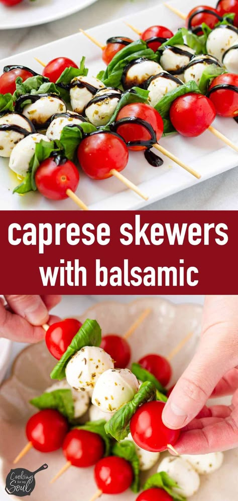 Caprese Skewers with balsamic glaze! These cute little balsamic glaze skewers are so easy to make and perfect for the holidays. They are festive and so delicious. Finished with a generous drizzle of balsamic glaze. Appetizers For Party Easy, Skewers Appetizers, Salad On A Stick, Balsamic Glaze Recipe, Superbowl Food Appetizers, Healthy Picnic Foods, Balsamic Glaze Recipes, Balsamic Drizzle, Skewer Appetizers