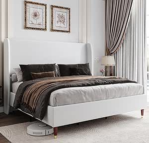 Jocisland King Bed Frame Upholstered Bed Frame and Wingback Headboard/Wood Slat Support/No Box Spring Needed/Easy Assembly/White High Platform Bed, High Bed Frame, Full Size Upholstered Bed, Linen Upholstered Bed, Bed Frame Upholstered, White Bed Frame, Minimalist Bed, Bed Frame With Headboard, Full Size Bed Frame