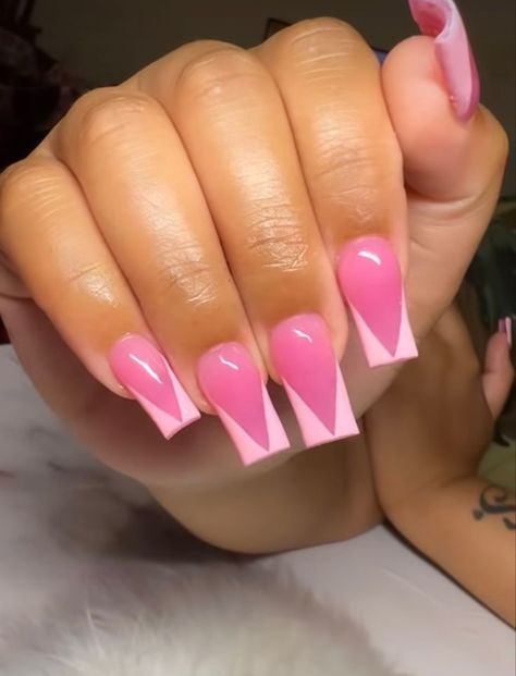 Cute Short Nail Sets Black Women, Pink Powder French Tip Nails, Pink On Pink French Tip Nails, Pink Medium Nails, Pink Short Acrylic Nails, Pink Tip Nails, Hard Nails, Drip Nails, Colored Acrylic Nails