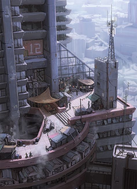 ArtStation - Roof Top Market, Hamish Frater Hamish Frater, Apocalypse House, Cyberpunk Building, Scifi Building, Scifi Environment, Scifi City, Cyberpunk Rpg, Post Apocalyptic Art, Futuristic Building