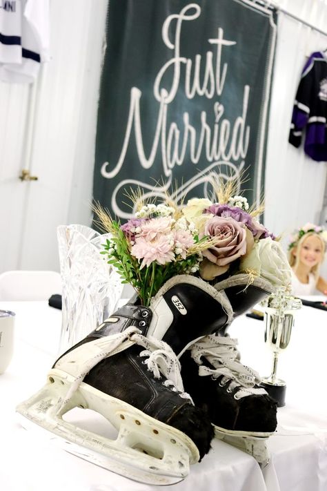 We used my Dad's old skates to hold my bridal bouquet at the head table during the reception and dance. Bridal Bouquet from Old September, in Gilbert Plains, MB Hockey Wedding Theme, Hockey Wedding, Hockey Skates, Head Table, Theme Wedding, Wedding Night, The Head, Wedding Theme, Future Wedding