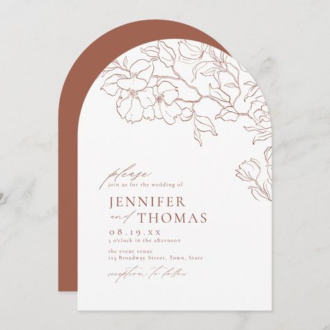 Elegant delicate hand drawn flower illustration and modern script typography details, in terra cotta and white color, simple and romantic. Great floral arch wedding invitations for modern rustic wedding, country garden wedding, and simple boho wedding in fall and winter. 
Fully customizable with any colors to match your wedding theme.
See all the matching pieces in collection. Arch Invitation Design, Arched Invitation, Simple Boho Wedding, Wedding In Fall, Arch Wedding Invitation, Modern Rustic Wedding, Country Garden Wedding, Floral Arch Wedding, Taylor Wedding