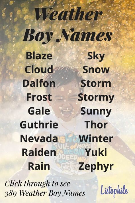 389 Weather Boy Names, including storm, thunder, lightning, rain, sky, cloud, wind and snow names; and boy names meaning weather. Click through to see more Weather Boy Names. Lightning Names, Names That Mean Lightning, Names That Mean Storm, Snow Names, Sky Names, Names That Mean Ice, Names That Mean Snow, Boy Names Meaning, Nature Names For Boys