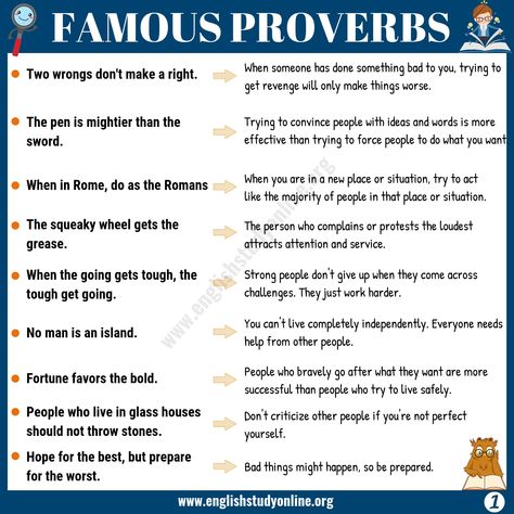 45+ Famous Proverbs with Meaning for ESL Learners - English Study Online Proverbs And Meaning, Proverb In English, Proverbs With Meaning, English Proverbs With Meanings, Proverbs In English, Common Proverbs, Proverb With Meaning, Famous Proverbs, Pronoun Antecedent Agreement