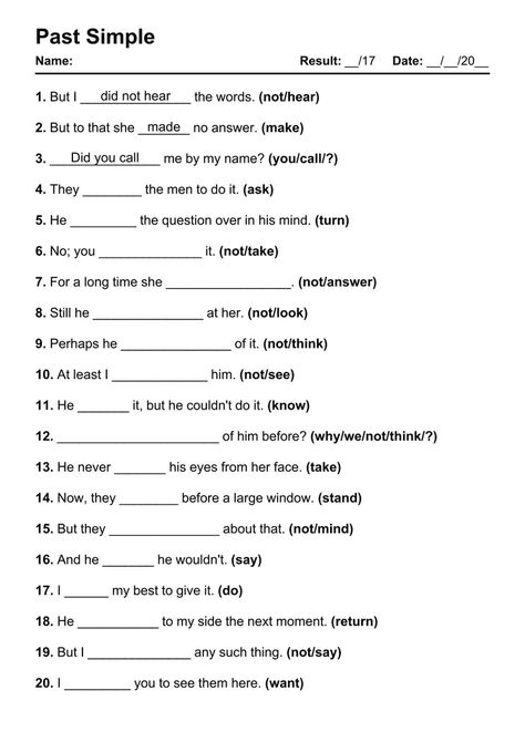 Past Simple Exercises PDF Worksheet with Answers - Test 1 Past Simple Questions Worksheets, Past Simple Exercises, Past Simple Worksheets, Simple Past Tense Worksheet, Past Simple Tense, Tense Worksheet, Past Tense Worksheet, Tenses Exercises, English Grammar Pdf