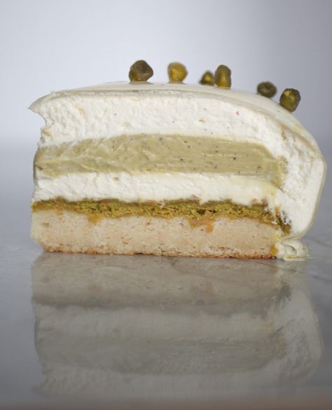 Pistachio Cake Filling, Vanilla Mousse Cake, Mousse Cake Filling, Vanilla Bean Mousse, Pistachio Cake Recipe, Entremet Recipe, Vanilla Mousse, Pastry Display, Pistachio Butter