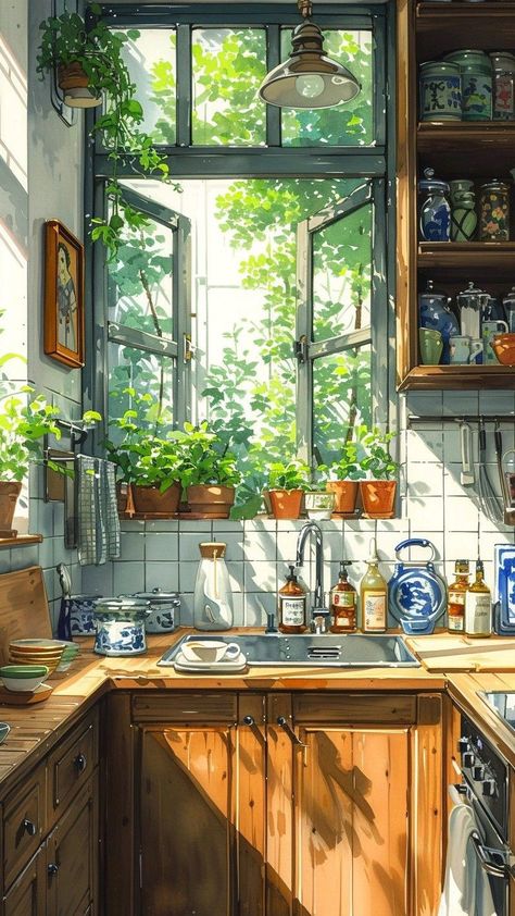 White Tile Kitchen, Cozy Wallpaper, Place Aesthetic, Frame Watercolor, Aesthetic Architecture, Anime Theme, Dreamy Artwork, Tile Kitchen, Art Gallery Wallpaper