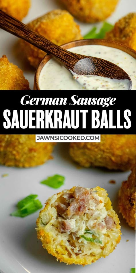 Brat Appetizer Recipes, German Bratwurst And Sauerkraut, German Sauerkraut Balls, Sauerkraut Sausage Balls, German Food Appetizers, Foods With Sauerkraut, German Dinner Recipes Oktoberfest, German Inspired Appetizers, Saurkraut Balls Dipping Sauce