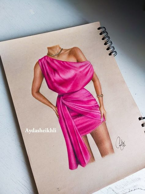 Illustration of pink dress with color pencils Satin Dress Sketch, Satin Dress Drawing, Pencil Fashion Illustration, Satin Illustration, Sketch Dress, Fashion Design Inspiration Board, Fashion Illustration Design, Sofia Ferreira, Basic Hand Embroidery