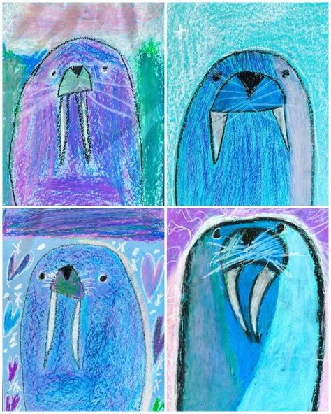 Mrs. Barnes on Instagram: "We’ve had some crazy weather that has made schedules a little wonky, so I had an extra day with some classes. 1st and 3rd grades made these arctic walrus drawings from @studiosprout I love the simplicity of the materials but with such beautiful results. 🤍 #oilpastels #oilpastelart #primaryart #walruses #winterart #elementaryartlessons #artteacherlife" Walrus Art Preschool, Arctic Animal Art, Walrus Drawing, Walrus Art, Arctic Fox Art, Square One Art, Arctic Art, Room Activities, Projects School