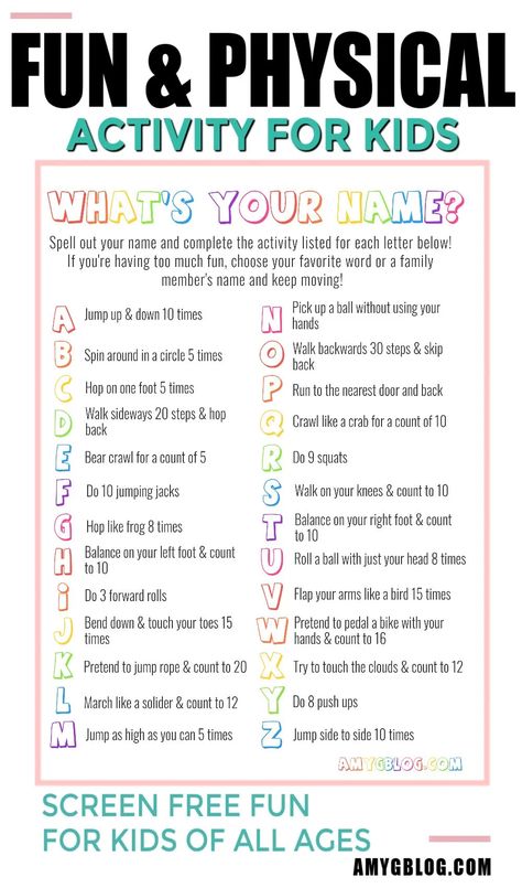 Get your kids up and moving! This name game for kids is the perfect way to combine mental and physical education! #namegamesforkids #screenfree #gamesforkids #nameactivities Kids Physical Activity Games, Physical Activity For Kids, Preschool Pe, Kid Exercise, Name Games For Kids, Activity Planner, Kids Olympics, Spelling For Kids, Elementary Physical Education