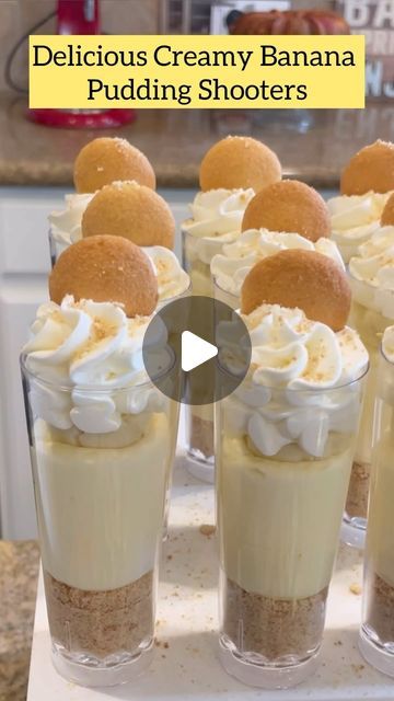 Kori Lowe on Instagram: "Whipped up these creamy and delicious banana pudding shooters for my niece’s birthday party! 🥳 This recipe used to be a top seller at our bakery, and it's no surprise—the homemade whipped cream takes it to the next level! 🍌✨ Check out the video above for the full recipe! 👆🏽  . . . #BananaPudding #DessertShooter #HomemadeWhippedCream #PartyTreats #BakingLove #FoodieFavorites #SweetTreats #partyideas #desserttable #bridalshower #babyshower" Banana Pudding For Party, Banana Cream Shooters, Dessert Shooters Banana Pudding, Shooter Recipes Dessert, Birthday Desert Bar Ideas, Mini Dessert Shooters Easy, No Bake Shooter Desserts, Mini Chocolate Mousse Cups, Deserts For Birthday Parties