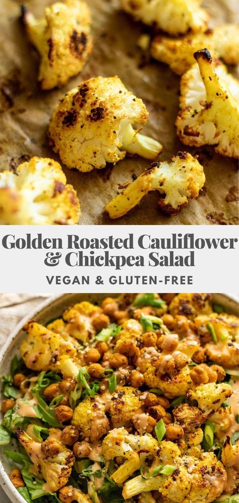 Golden Roasted Cauliflower and Chickpea Salad seasoned with turmeric, garlic and fennel then roasted until caramelized and topped with maple tahini sauce. Easy to make and customizable. Roasted Cauliflower And Chickpea Salad, Roasted Cauliflower And Chickpeas, Roasted Chickpea Salad, Chickpea Salad Vegan, Tapas Dinner, Healthy Vegan Dinner Recipes, Healthy Vegan Dinner, Box Recipes, Crispy Chickpeas