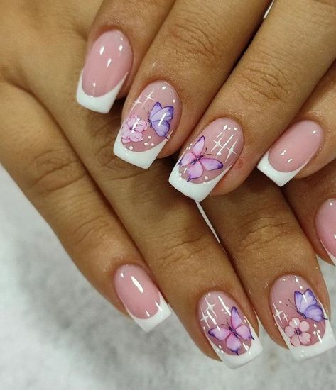 Butterfly Nail Designs Short, Nail Art Designs Butterfly, Butterfly Nails Short, Nail Designs Butterfly, Cute Butterfly Nails, Butterfly Nails Design, Spring French Nails, Iris Nails, Butterfly Nail Designs