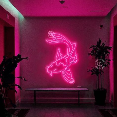 Cool Neon Signs Bedroom, Koi Fish Bedroom, Neon Japanese Aesthetic Room, Neon Koi Fish, Japanese Neon Signs Aesthetic, Fish Neon Sign, Cheap Neon Signs, Neon Lights Bedroom, Flamingo Neon Light