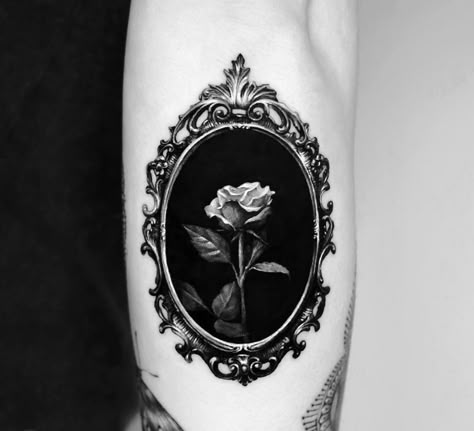 Dark Tattoo Cover Up, Gothic Frame Tattoo, Gothic Art Tattoo, Vintage Frame Tattoo, Dark Gothic Tattoo, Trippy Tattoo Ideas, Arm Cover Up Tattoos, Thigh Piece Tattoos, Dark Roses Tattoo