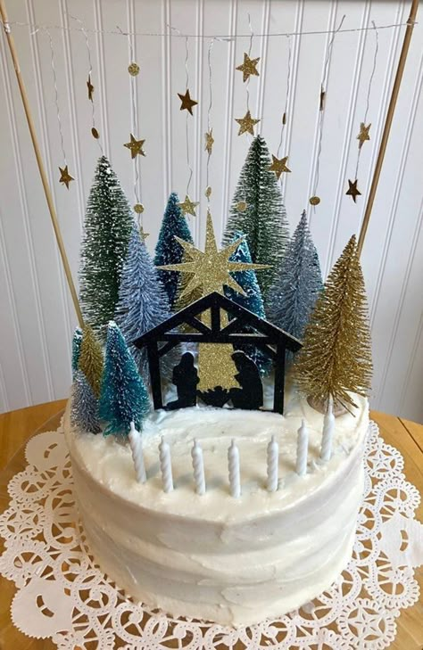 Nativity Cake, Happy Birthday Jesus Cake, Jesus Birthday Cake, Jesus Cake, Happy Birthday Jesus Party, Birth Of Christ, Christmas Cake Topper, Decorative Cakes, Cake Decorating With Fondant