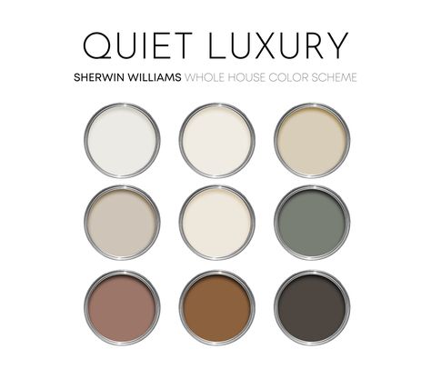 This listing is for a Quiet Luxury color scheme, created with Sherwin Williams paint colors and featuring many best-selling colors. I have carefully selected a range of 9 colors for this palette, and included options for walls, trim, furniture, cabinets and doors.  Sherwin Williams has hundreds of paint colors, each with their own unique undertones. This can make choosing the right paint colors hard. The colors in this collection were carefully selected to coordinate with each other - this makes Smokey Taupe, Colors For Home, Sherwin Williams Paint, Luxury Paints, Paint Color Schemes, Paint Colors Benjamin Moore, Paint Sheen, House Color Schemes, Benjamin Moore Paint