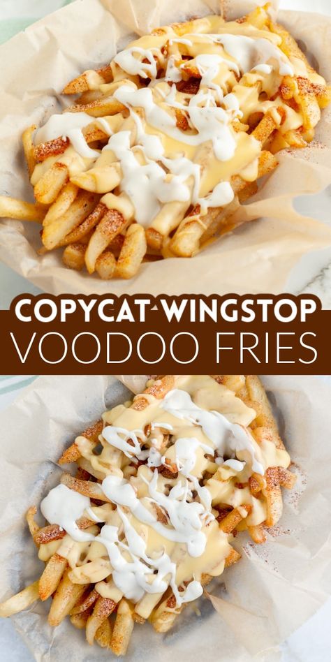 Learn how to make these easy Copycat Wingstop Voodoo fries. Cajun fries topped with cheese sauce and ranch dressing. These flavorful Voodoo fries and so good and taste like Wingstop. Wing Stop Voodoo Fries Recipe, Wingstop Voodoo Fries Recipe, Voodoo Fries Wingstop, Cajun Ranch Fries, Voodoo Sauce Recipe, Voodoo Fries Recipe, Season Fries Recipe, Wingstop Fries Recipe, Wingstop Fries