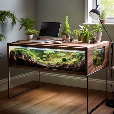 A coffee table with built-in storage and seating in a modern living room. Terrarium Table, Storage And Seating, Indoor Water Garden, 27 September, Desk Ideas, House Plants Decor, Furniture Trends, Home Office Space, Desk Design