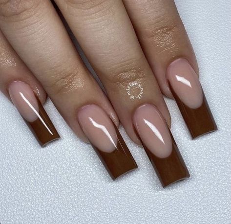 Long Square Acrylic Nails Brown French Tip, Brown Marble French Tip Acrylic Nails, Fall Nails 2022 Tapered Square, Brown Acrylic French Tips, Short French Tip Acrylic Nails Fall, Brown Nails Acrylic French Tip, Brown French Tip Acrylic Nails Square, Long Brown French Tip Nails, Brown French Tips Acrylic Nails