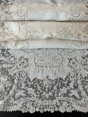 Buyer & Seller of Antique Lace, Fine Linens, Vintage Clothing, Haute Couture, Textiles, Fans: C. 19THC. EXQUISITE BRUSSELS POINT DE GAZE LACE PLACEMATSET W/LOVEBIRDS,VASES,ROSES Long Table Runner, Couture Design, Antique Clothing, Antique Linens, Long Table, Fine Linens, Antique Lace, Satin Stitch, Placemat Sets