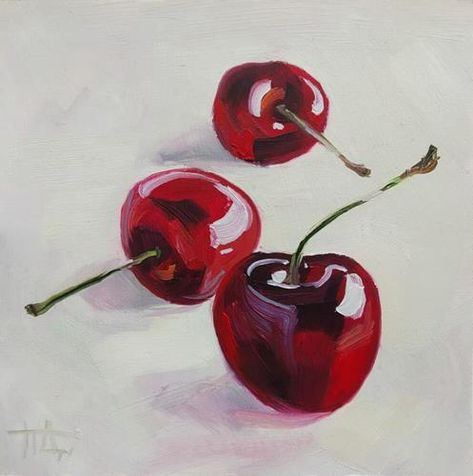 Daily Paintworks - "Cherries" - Original Fine Art for Sale - © Dasha Piven Still Life Oil Painting Fine Art, Painted Cherries, Cherry Painting, Minimalist Still Life, Cherry Art, Cherries Painting, Simple Oil Painting, Color Drawing Art, Future Room