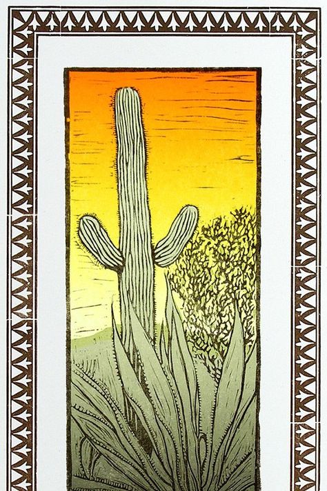 DESERT SCENE, Cactus landscape, Saguaro Cactus, Agave, Creosote, Letterpress Print, southwestern dec Creosote Bush, Cactus Landscape, Western Sunset, Linocut Printmaking, Desert Scene, Vertical Landscape, Southwestern Decor, Cactus Desert, Southwestern Art