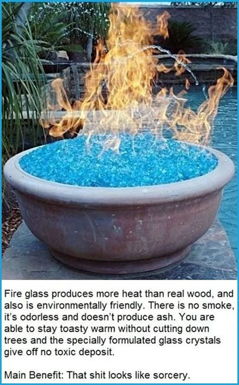 You can use fire glass instead of wood for your backyard fire pit.                                                                                                                                                                                 More Fake Wood, Fire Pit Ring, Backyard Fire Pit, Fire Pit Ideas, Diy Fire Pit, Back Yard Ideas, Backyard Fire, Fire Bowls, Fire Glass