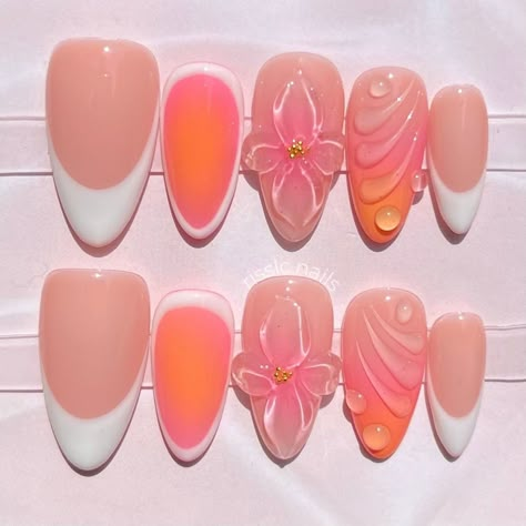 You KNOW I'm a sucker for anything pink and orange 😍 I love love love how they came out 💖 • Inspo: @nailzkatkat • All @risslc.nails sets are completely customizable 🥰 DM me to get started on the nails of your dreams 💖💅🏽✨ • #pinkandorangenails #summernails #3dnails #flowernails #frenchtipnails #frenchienails #nailsnailsnails #nailporn Orange And Pink Spring Nails, Pink Orange And Green Nails, Pink Orange White Nails, Summer Blooming Gel Nails, Pink Orange Nails Summer, Orange And Pink Nail Designs, Pink Orange Nails, Orange And Pink Nails, Orange Summer Nails