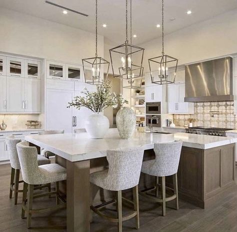 Modern Kitchen Island With Table, Built In Island Seating, 16x20 Kitchen Layout, Break Fast Table In Kitchen, Oak Kitchen Island With Seating, Kitchen Island Dining Table Combo Square, Kitchen Islands Ideas With Seating For 6, T Island Kitchen, Kitchen Island With Seating On Three Sides