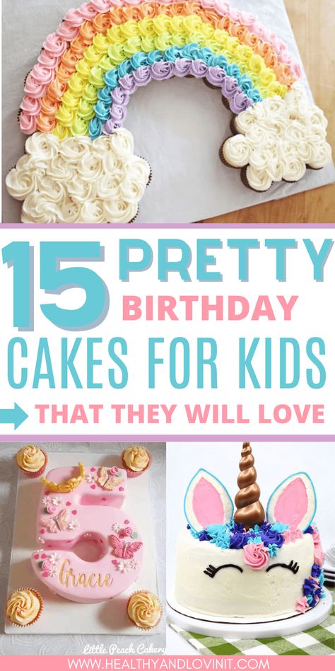 These birthday cake ideas for kids are so fun and cute! There are vanilla cakes, chocolate cakes, aesthetic cakes with buttercream frosting, easy birthday cakes, girly cakes, cakes for boys and an unicorn cake! There are quick simple homemade cake recipes and some harder unique cake designs. birthday party ideas, trendy cakes, beautiful cakes, cake decorating ideas How To Make A Number 2 Birthday Cake, Birthday Cakes Trendy, Diy 2nd Birthday Cake, Non Birthday Cake Ideas, Birthday Cakes For 5 Year Girl, Cute Cake Designs For Kids, 3 Shaped Birthday Cake, Easy Birthday Cake Ideas For Kids, 4 Year Birthday Cake