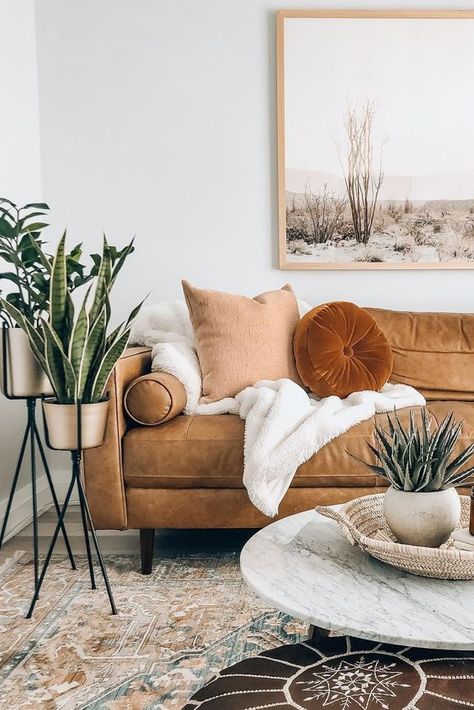 24 Home Decor Ideas To Update Your Home In 2024 - Decoholic Desert Living Room, Living Room Plants Decor, Living Room Design Boho, Forest Abstract, Living Room Plants, Leaf Painting, Painting Gold, Mid Century Modern Living, Boho Living Room Decor