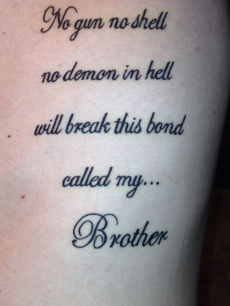 Brotherhood tattoo that my brothers and I got My Brothers Keeper My Sisters Protector Tattoo, Brother Quotes Tattoo, Brother Memorial Tattoo For Men, Brotherhood Tattoo Men, Veteran Memorial Tattoo, Little Brother Tattoo Ideas, My Brother's Keeper Tattoo, Sibling Memorial Tattoos Brother, My Sister Protector Tattoo