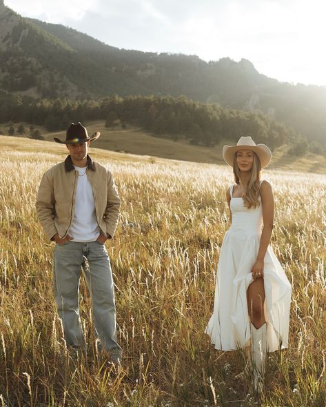 Western Love Story Pt.3 🤍✨ #engagementphotos Jeans And Cowboy Boots Wedding, Couples Western Outfits, West Texas Engagement Photos, Western Engagement Outfits Women, Western Style Engagement Photos, Couple Western Photoshoot Ideas, Cowboy Engagement Pictures, Engagement Photos Cowboy, Dresses With Cowgirl Boots