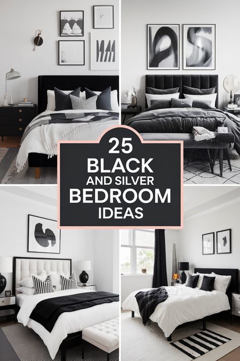 Black and silver bedrooms are the epitome of sophistication and style. These color combinations create a sleek, modern look that can transform any bedroom into a luxurious retreat. Whether you're drawn to minimalist aesthetics or prefer a touch of glam, our curated collection of 25 stunning black and silver bedroom ideas offers inspiration for every taste. From bold statement walls to intricate metallic accents, you'll discover how to effortlessly elevate your bedroom design with this timeless color palette. Bedroom Decor White And Black, Silver And Black Bedroom Ideas, Black Woman Bedroom Ideas, Silver Bedroom Decor Color Combos, Silver And Black Bedroom, Black Silver Bedroom Ideas, Glitter Paint Bedroom, Black Silver Bedroom, Black And White Bedroom Ideas Luxury