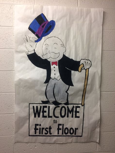 Monopoly Hallway Theme, Monopoly Themed Classroom, Monopoly Door Decs, Monopoly Ra Theme, Monopoly Door Decorations, Monopoly Bulletin Board, Ra Decorations Hallways, Monopoly Decor, Monopoly Party Decorations