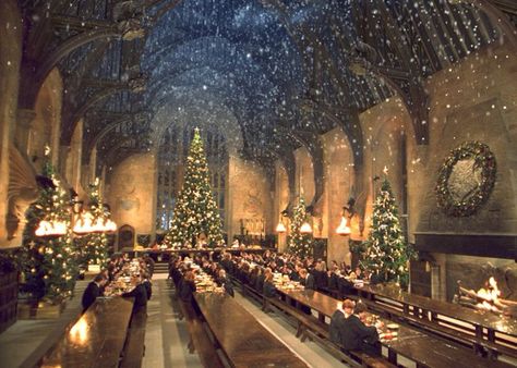 The first Harry Potter movie has a terrific Christmas scene. Here's the Great Hall of Hogwarts. The ceiling is enchanted to mimic a snow storm but the snow never touches the tables or the floor. Hogwarts Style, Harry Potter Weihnachten, Štědrý Den, Hogwarts Great Hall, Film Harry Potter, Hogwarts Christmas, Baz Luhrmann, Yule Ball, Images Harry Potter