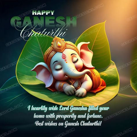 Ganesh Chaturthi greetings, wishes, and quotes with beautiful lord Ganesha sleeping on a Peepal leaf image Peepal Leaf, Ganesh Chaturthi Greetings, Ganesh Chaturthi Wishes, Happy Ganesh Chaturthi Wishes, Ganesh Pooja, Poster Images, Attractive Background, Creative Branding Design, Happy Ganesh Chaturthi Images