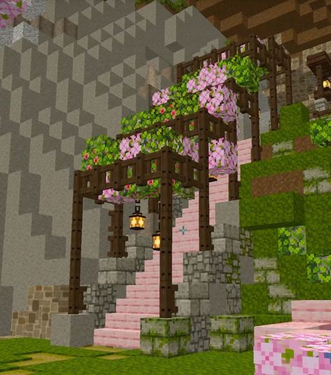 Minecraft Guild Hall Build, Cute Minecraft Stairs Outside, Minecraft Castle Small And Easy, Minecraft Mushroom Enchantment Room, Minecraft Stairway Up Mountain, Coraline Minecraft Builds, Fairy Forest Minecraft Ideas, Fairy Circle Minecraft, Minecraft Path Way Ideas