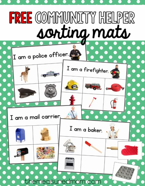 This free community helpers sorting activity is so much fun!  It would be great to use with a community helpers theme in preschool or kindergarten. Prek Community Helpers, Community Helpers Week, Community Helper Lesson, Community Helpers Kindergarten, Preschool Social Studies, Community Helpers Activities, Community Helpers Preschool Activities, Community Helpers Unit, The Measured Mom