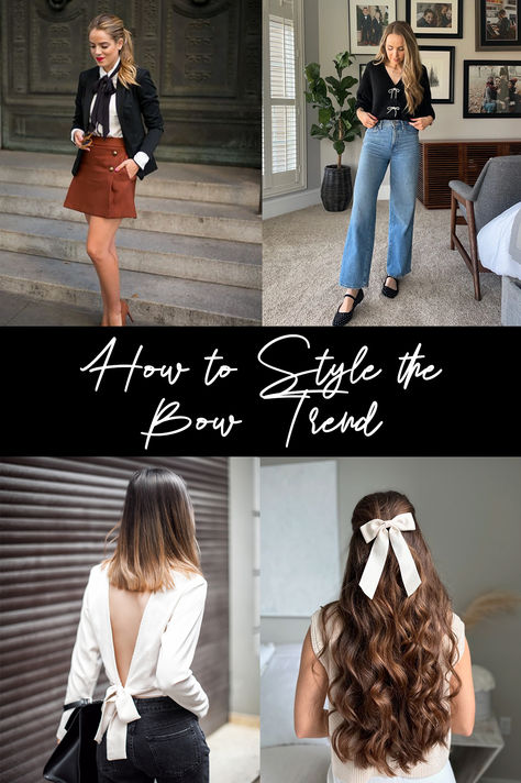 How to Wear the Bow Trend Bow Trend, Collarless Denim Jacket, Bow Back Top, Black Velvet Bow, Fall Trend, Outfit Collage, Fashion Tutorial, Hair Ribbon, Bow Hair Clips