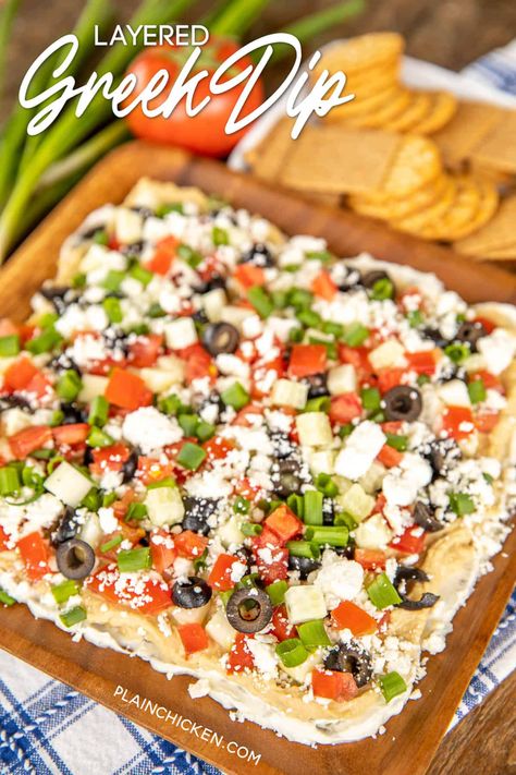 Layered Greek Dip with Hummus & Cream Cheese - Plain Chicken Pita Dip, Layered Greek Dip, Greek Hummus Dip, Greek Tzatziki Recipe, Feta Hummus, Greek Layer Dip, Chicken Eggplant, Black Bean Hummus, Football Friday