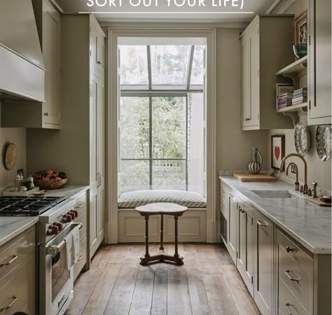 Galley Kitchen Design, Galley Kitchens, Narrow Kitchen, London House, Galley Kitchen, Kitchen Farmhouse, Clever Storage Solutions, Timber Flooring, Cozy Nook