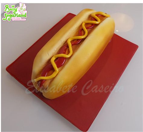 Hot Dog Cake by Bety'Sugarland Hot Dog Cakes, Rugby Cake, Hamburger Cake, 7th Birthday Cakes, Realistic Cakes, Cake Design Inspiration, Gravity Defying Cake, Dog Birthday Cake, 3d Cakes