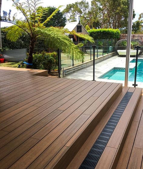 Massive transformation on this outdoor dining area. Our QWICKBUILD® aluminium framing system was used for the full subframe as well as the stairs. All finished off with our Caribbean RESORTDECK® composite decking board and our matt black QWICKGRATE® Tile Over Decking, Backyard Decking Ideas, Decking Ideas Outdoor, Japanese Patio, Backyard Decking, Ideas For Small Gardens, Prairie Style Architecture, Deck Inspiration, Outdoor Decking