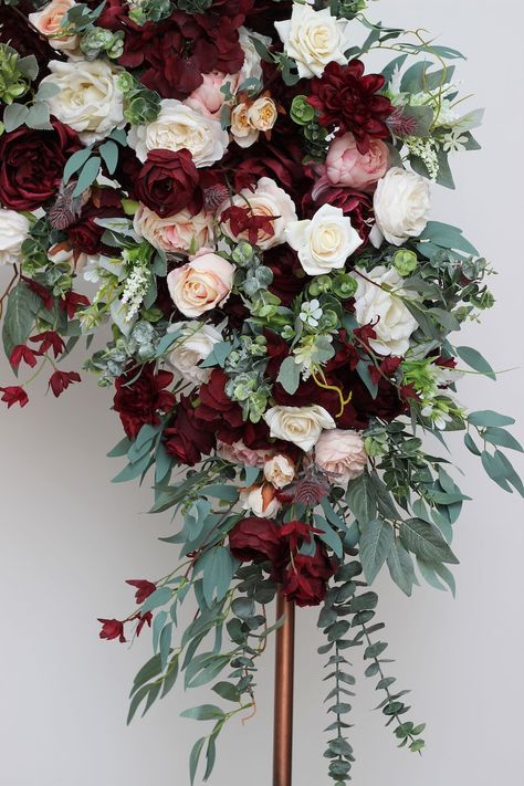 Burgundy Wedding Pink Peonies Blush Pink Roses Flower Arch - Etsy Pergola Flowers, Flower Arch Arrangement, Champagne Wedding Flowers, Blush Pink Wedding Flowers, Faux Flowers Wedding, Arch Arrangement, Dream Boards, Burgundy And Blush Wedding, Blush Pink Roses